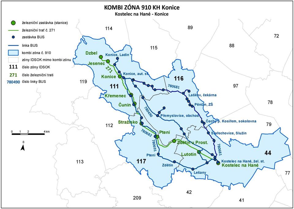 Konice 116 119 111 97 271 Křemenec Čunín 780681 Laškov, čekárna Pěnčín, ZŠ 78 72 0 2 4 1 km S 780490 Přemyslovice, obchod 112 Stražisko Čechy p.