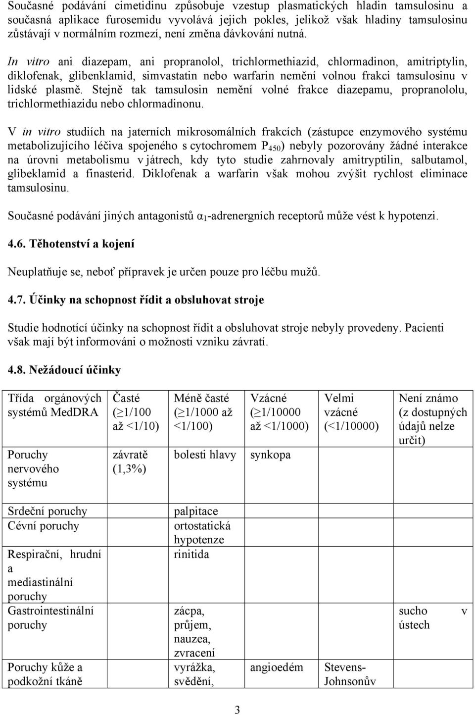 In vitro ani diazepam, ani propranolol, trichlormethiazid, chlormadinon, amitriptylin, diklofenak, glibenklamid, simvastatin nebo warfarin nemění volnou frakci tamsulosinu v lidské plasmě.