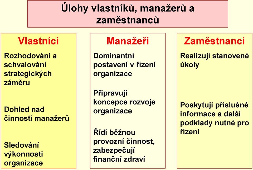 organizace Připravuji koncepce rozvoje organizace Řídí běžnou provozní činnost, zabezpečují finanční