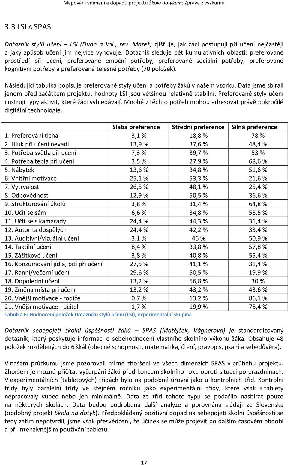 položek). Následující tabulka popisuje preferované styly učení a potřeby žáků v našem vzorku. Data jsme sbírali jenom před začátkem projektu, hodnoty LSI jsou většinou relativně stabilní.