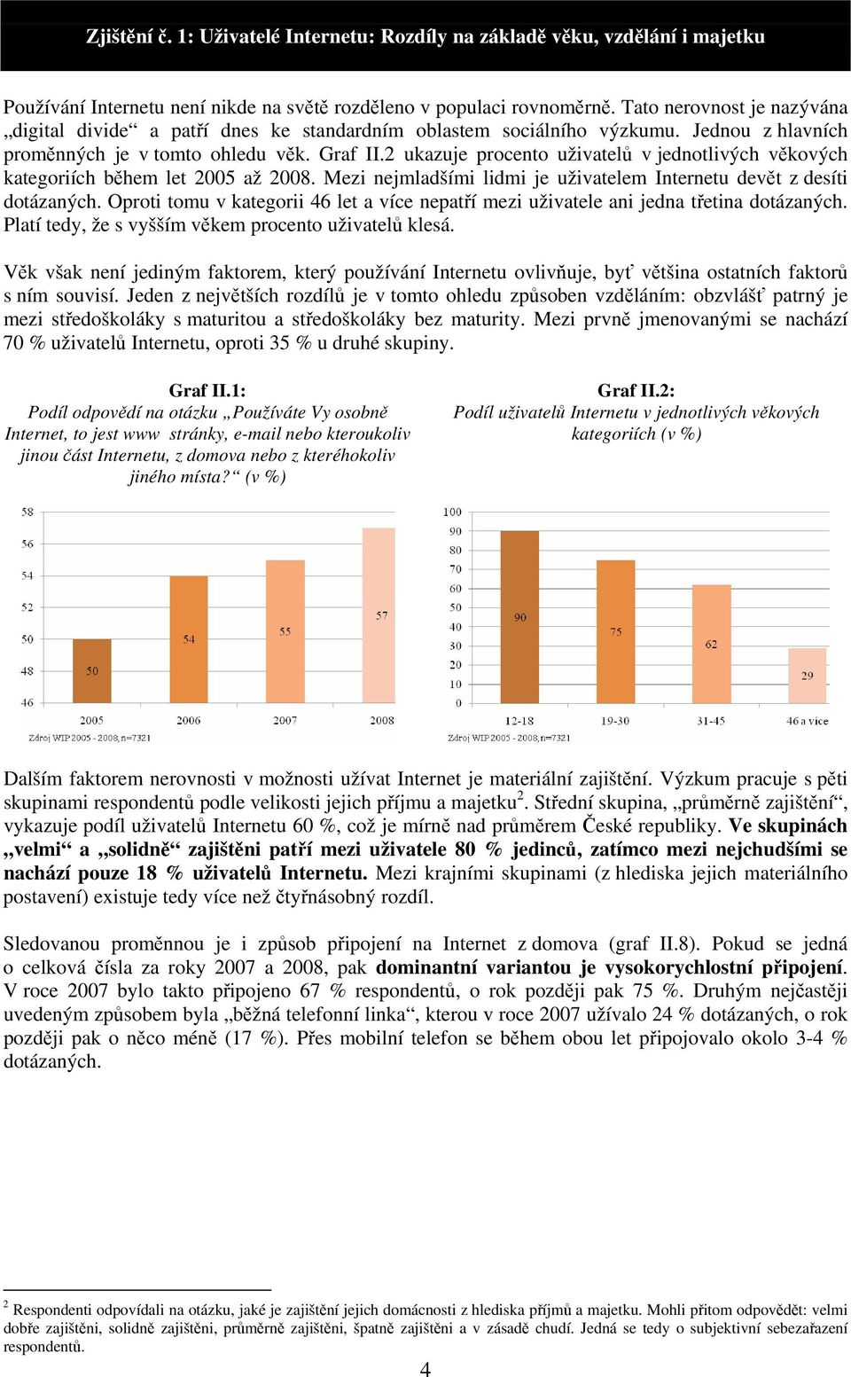 2 ukazuje procento uživatelů v jednotlivých věkových kategoriích během let 2005 až 2008. Mezi nejmladšími lidmi je uživatelem Internetu devět z desíti dotázaných.