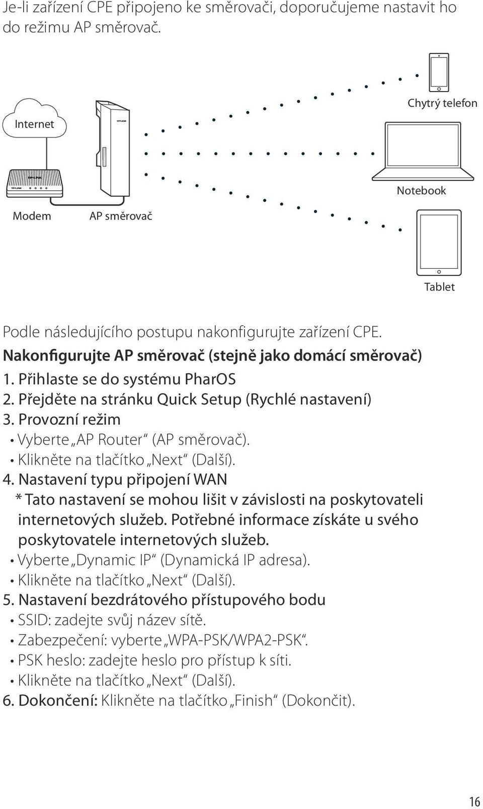 Přihlaste se do systému PharOS 2. Přejděte na stránku Quick Setup (Rychlé nastavení) 3. Provozní režim Vyberte AP Router (AP směrovač). 4.