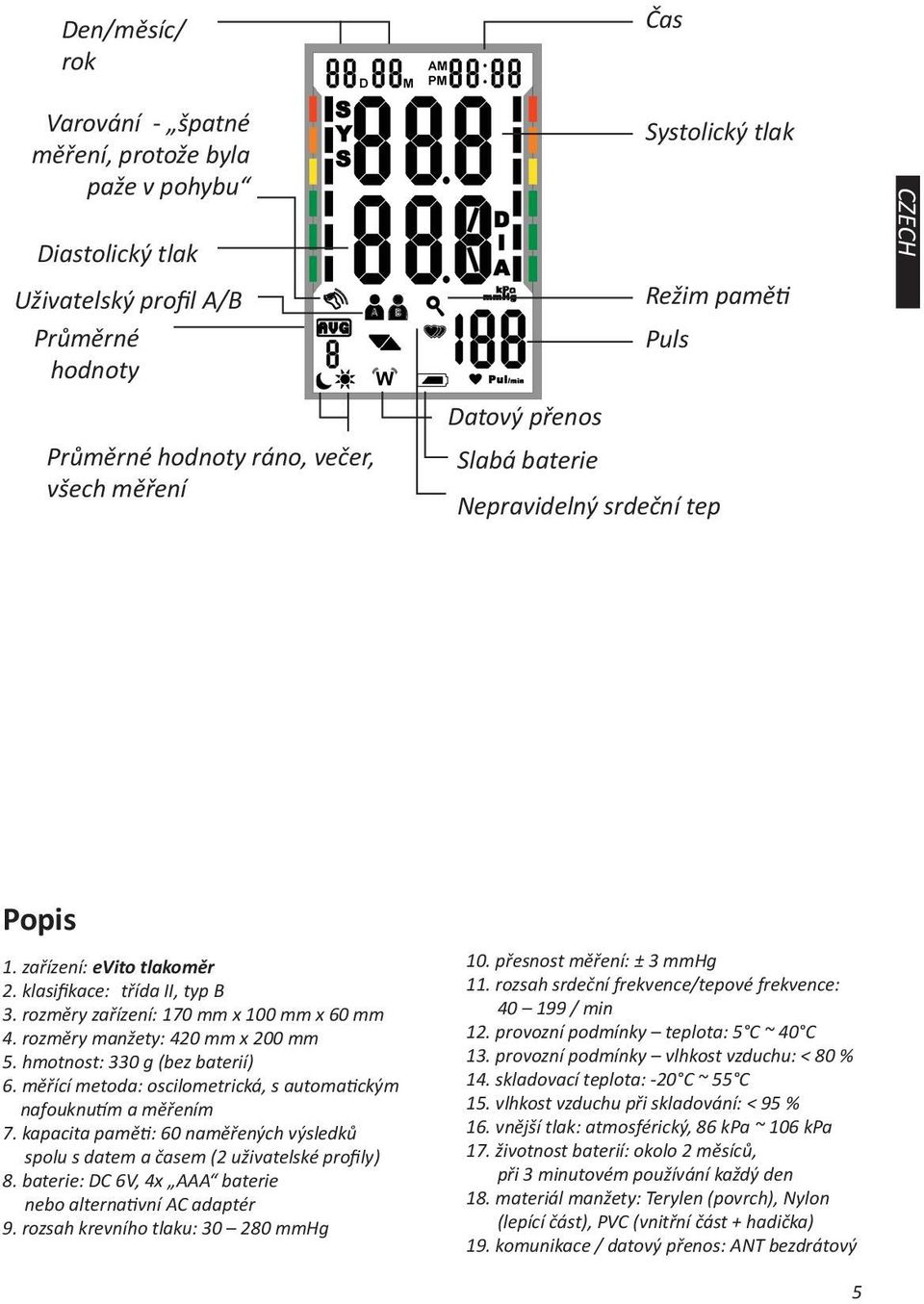 rozměry manžety: 420 mm x 200 mm 5. hmotnost: 330 g (bez baterií) 6. měřící metoda: oscilometrická, s automatickým nafouknutím a měřením 7.