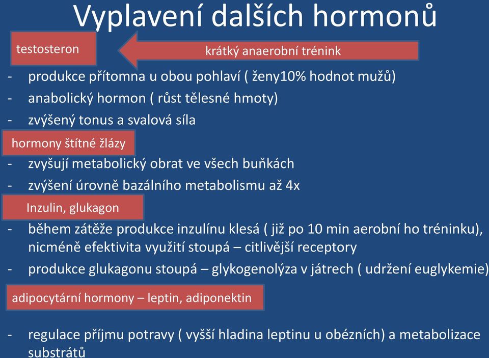 během zátěže produkce inzulínu klesá ( již po 10 min aerobní ho tréninku), nicméně efektivita využití stoupá citlivější receptory - produkce glukagonu stoupá