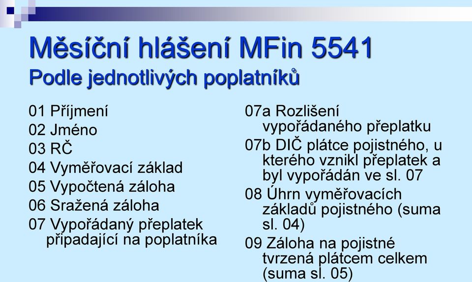 vypořádaného přeplatku 07b DIČ plátce pojistného, u kterého vznikl přeplatek a byl vypořádán ve sl.