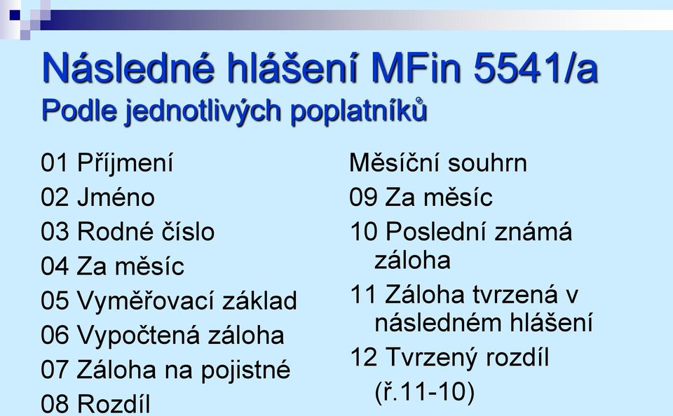 07 Záloha na pojistné 08 Rozdíl Měsíční souhrn 09 Za měsíc 10 Poslední