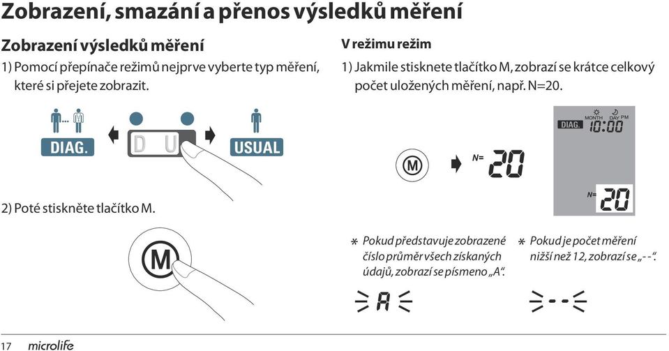 V režimu režim 1) Jakmile stisknete tlačítko M, zobrazí se krátce celkový počet uložených měření, např. N=20. DIAG.