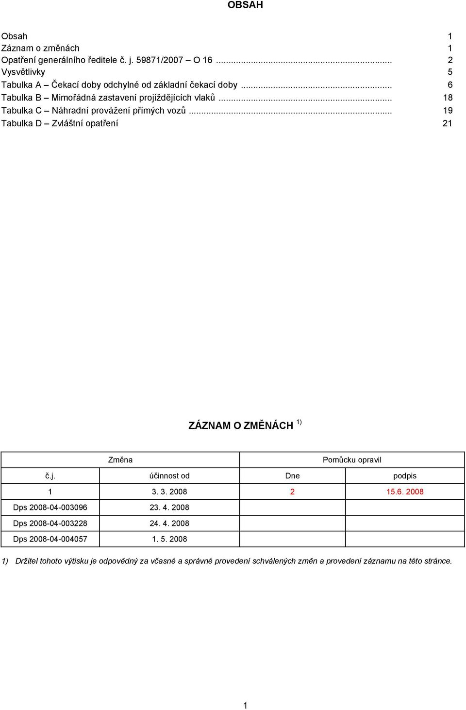 .. 18 Tabulka C Náhradní provážení přímých vozů... 19 Tabulka D Zvláštní opatření 21 ZÁZNAM O ZMĚNÁCH 1) Změna Pomůcku opravil č.j.