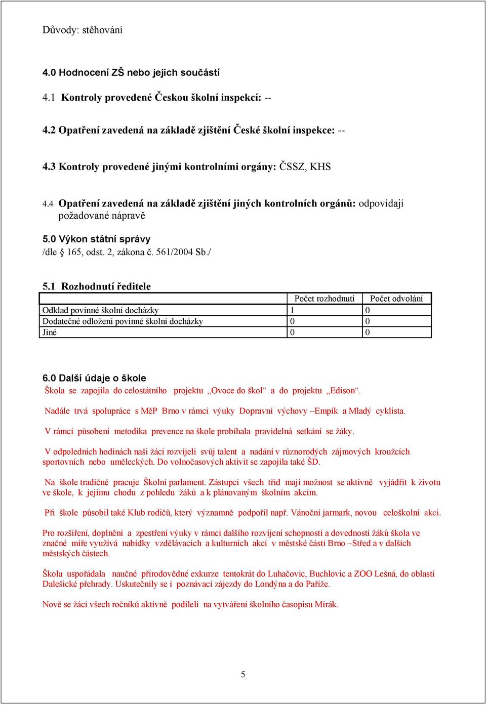 2, zákona č. 561/2004 Sb./ 5.1 Rozhodnutí ředitele Počet rozhodnutí Počet odvolání Odklad povinné školní docházky 1 0 Dodatečné odložení povinné školní docházky 0 0 Jiné 0 0 6.