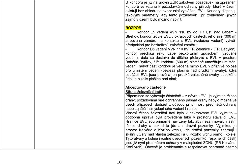 ROZPOR - koridor E5 vedení VVN 110 kv do TR Ústí nad Labem - Střekov: koridor tečuje EVL v okrajových částech, jeho šíře (600 m) a povaha záměru na kontaktu s EVL (vzdušné vedení) vytváří předpoklad