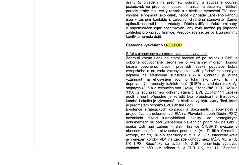 Záměr optimalizace trati Kolín Všetaty Děčín s dílčími přeložkami nebyl v připomínkách nijak specifikován, aby bylo možné jej případně zohlednit pro úpravu hranice.