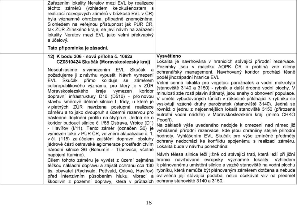 12) K bodu 306 - nová příloha č. 1062a CZ0810424 Skučák (Moravskoslezský kraj) Nesouhlasíme s vymezením EVL Skučák a požadujeme ji z návrhu vypustit.