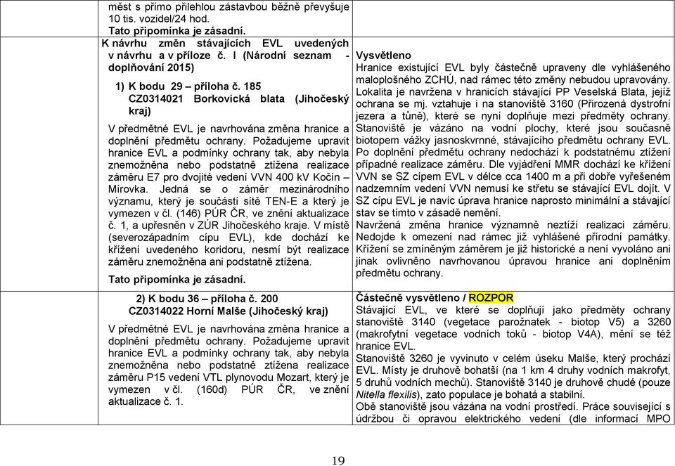 Požadujeme upravit hranice EVL a podmínky ochrany tak, aby nebyla znemožněna nebo podstatně ztížena realizace záměru E7 pro dvojité vedení VVN 400 kv Kočín Mírovka.