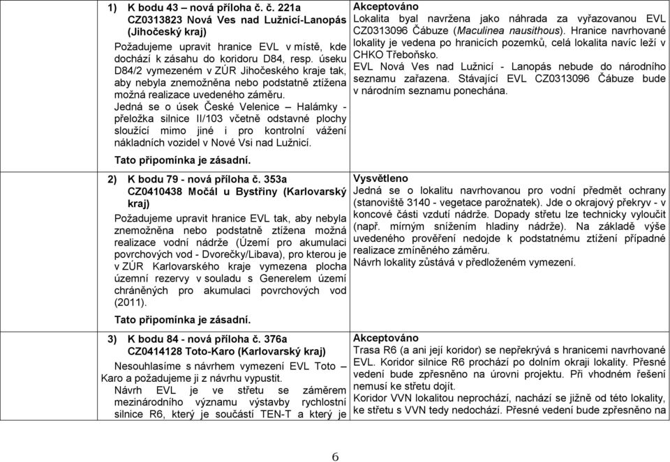 Jedná se o úsek České Velenice Halámky - přeložka silnice II/103 včetně odstavné plochy sloužící mimo jiné i pro kontrolní vážení nákladních vozidel v Nové Vsi nad Lužnicí. Tato připomínka je zásadní.