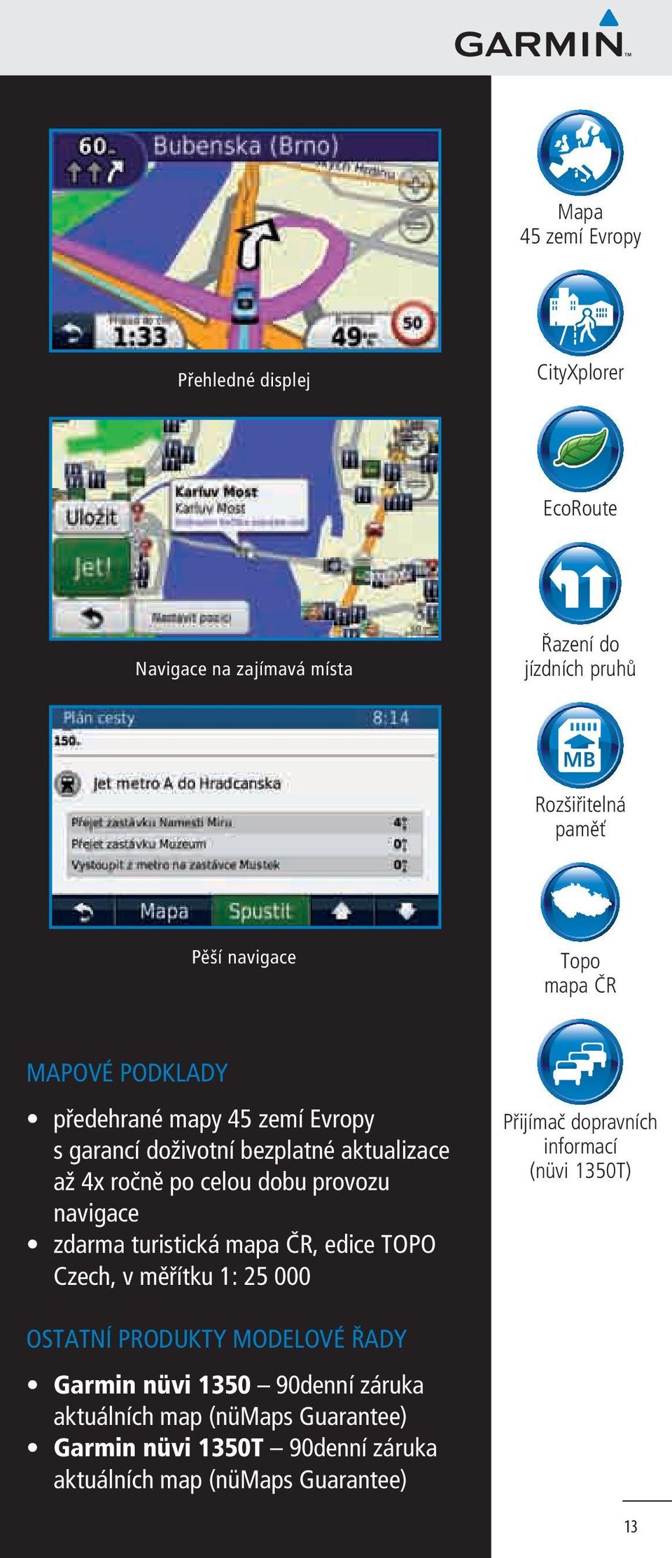 provozu navigace zdarma turistická mapa ČR, edice TOPO Czech, v měřítku 1: 25 000 Přijímač dopravních informací (nüvi 1350T) OSTATNÍ