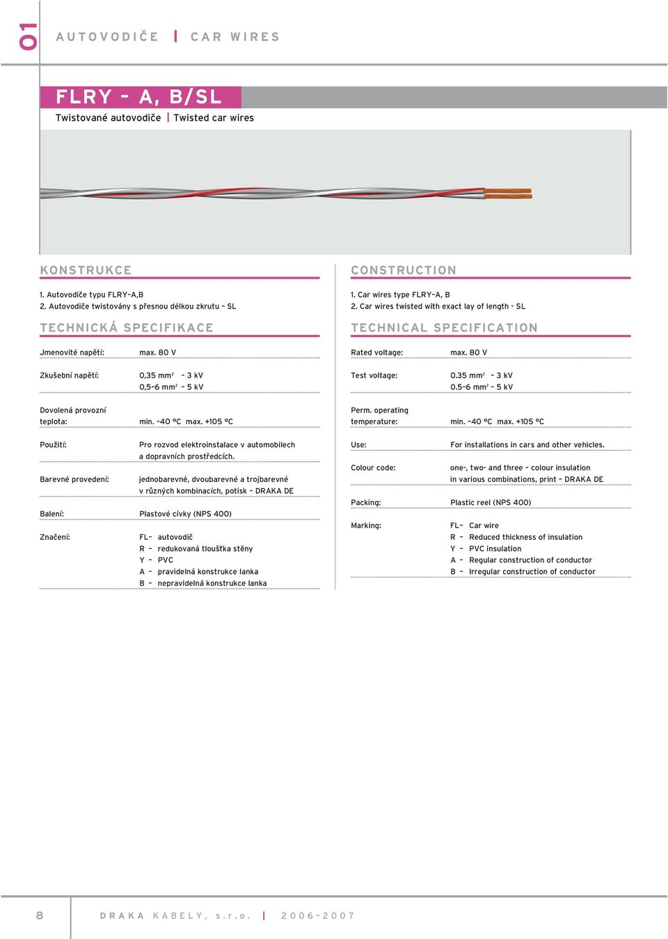 Car wires twisted with exact lay of length - SL TECHNICAL SPECIFICATION Jmenovité napětí: max. 80 V Rated voltage: max. 80 V Zkušební napětí: 0,35 2 3 kv 0,5 6 2 5 kv Test voltage: 0.35 2 3 kv 0.5 6 2 5 kv Dovolená provozní teplota: min.