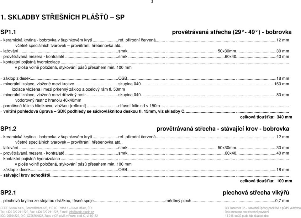 ..40 mm - kontaktní pojistná hydroizolace............ v ploše volně položená, stykování pásů přesahem min. 100 mm - záklop z desek... OSB.........18 mm - minerální izolace, vložené mezi krokve.