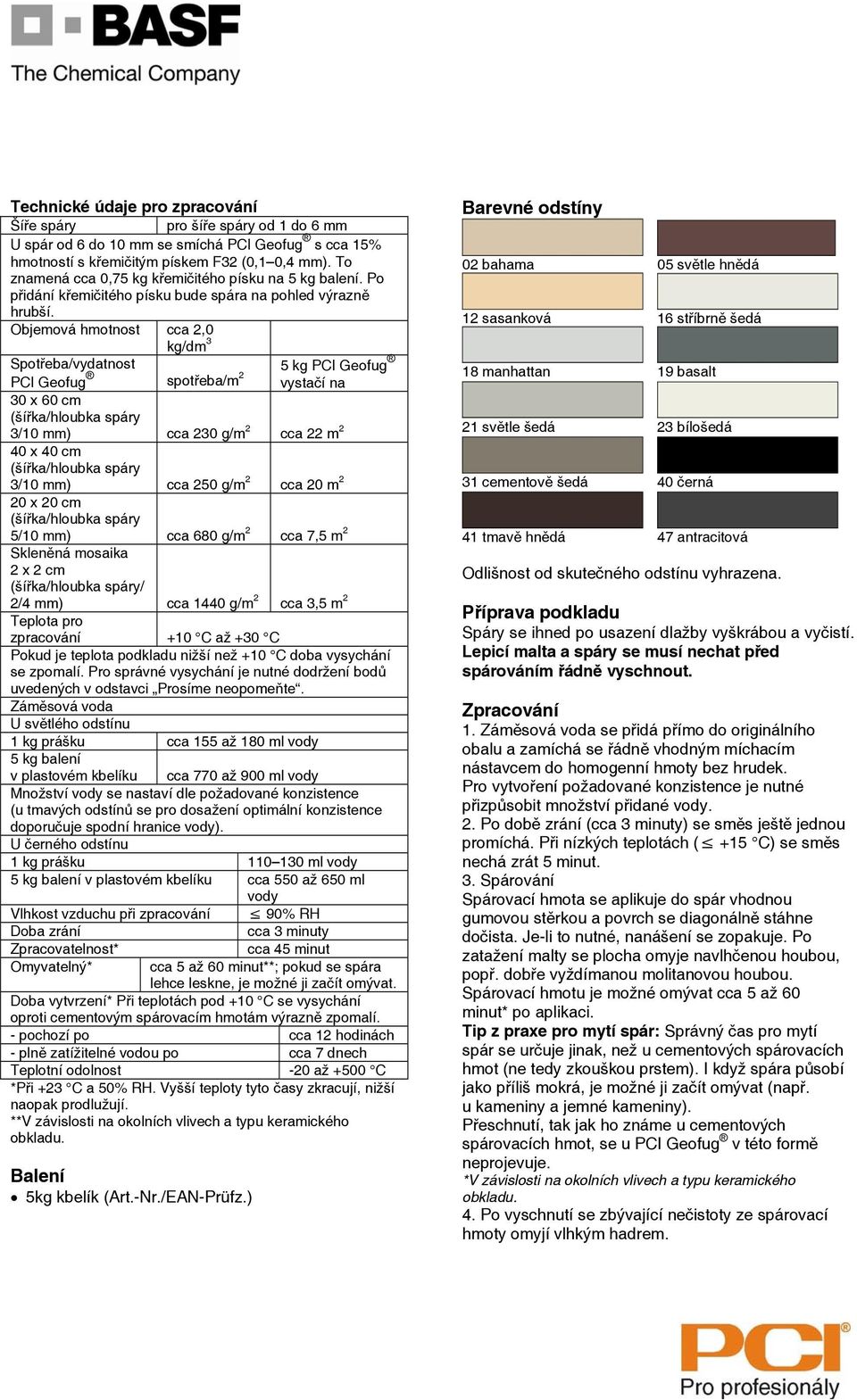 Objemová hmotnost cca 2,0 kg/dm 3 Spotřeba/vydatnost PCI Geofug spotřeba/m 2 5 kg PCI Geofug vystačí na 30 x 60 cm 3/10 mm) cca 230 g/m 2 cca 22 m 2 40 x 40 cm 3/10 mm) cca 250 g/m 2 cca 20 m 2 20 x
