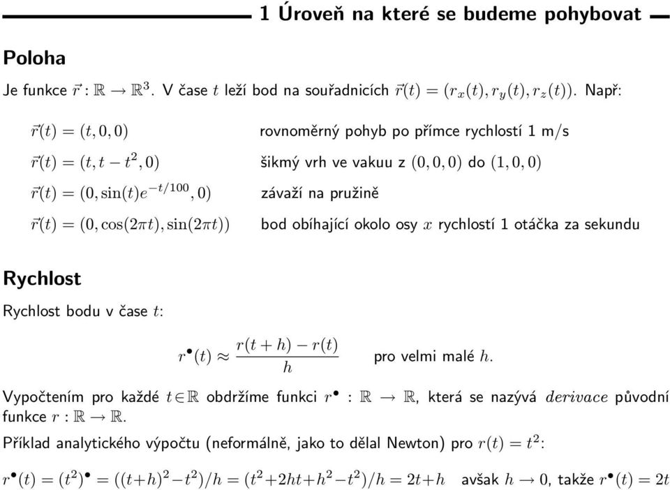 cos(2πt), sin(2πt)) bod obíhající okolo osy x rychlostí 1 otáčka za sekundu Rychlost Rychlost bodu v čase t: r (t) r(t + h) r(t) h pro velmi malé h.