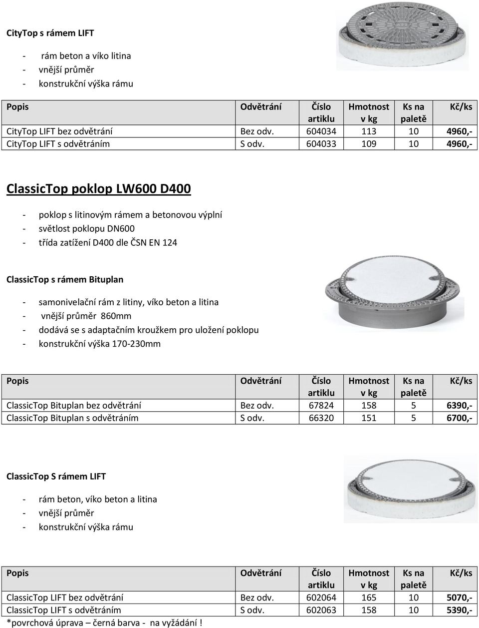 samonivelační rám z litiny, víko beton a litina - vnější průměr 860mm - dodává se s adaptačním kroužkem pro uložení poklopu - konstrukční výška 170-230mm ClassicTop Bituplan bez odvětrání Bez odv.