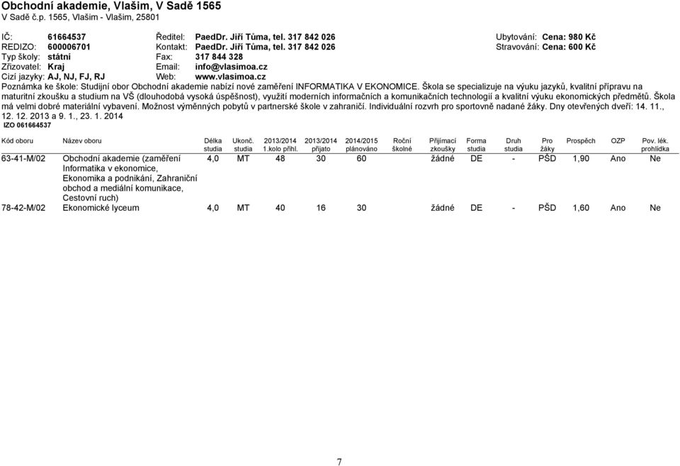 cz Cizí jazyky: AJ, NJ, FJ, RJ Web: www.vlasimoa.cz Poznámka ke škole: Studijní obor Obchodní akademie nabízí nové zaměření INFORMATIKA V EKONOMICE.
