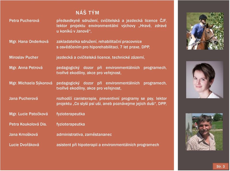 s osvědčením pro hiporehabilitaci, 7 let praxe, DPP, jezdecká a cvičitelská licence, technické zázemí, pedagogický dozor při environmentálních programech, tvořivé ekodílny, akce pro veřejnost, Mgr.