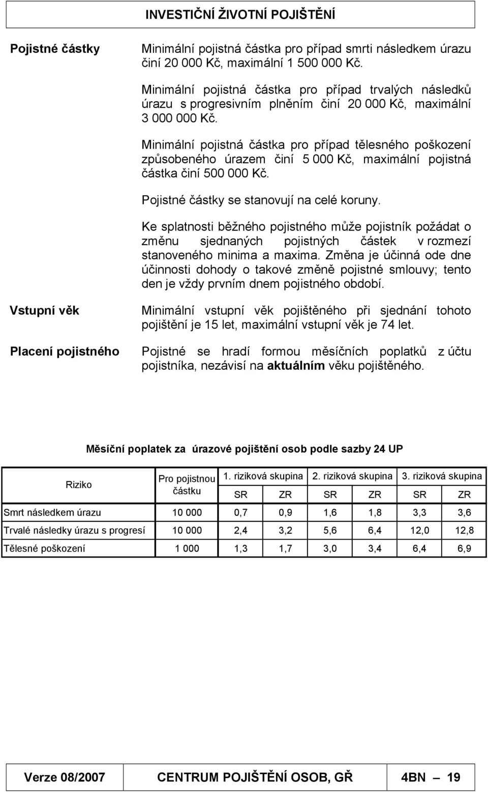 Minimální pojistná částka pro případ tělesného poškození způsobeného úrazem činí 5 000 Kč, maximální pojistná částka činí 500 000 Kč. Pojistné částky se stanovují na celé koruny.