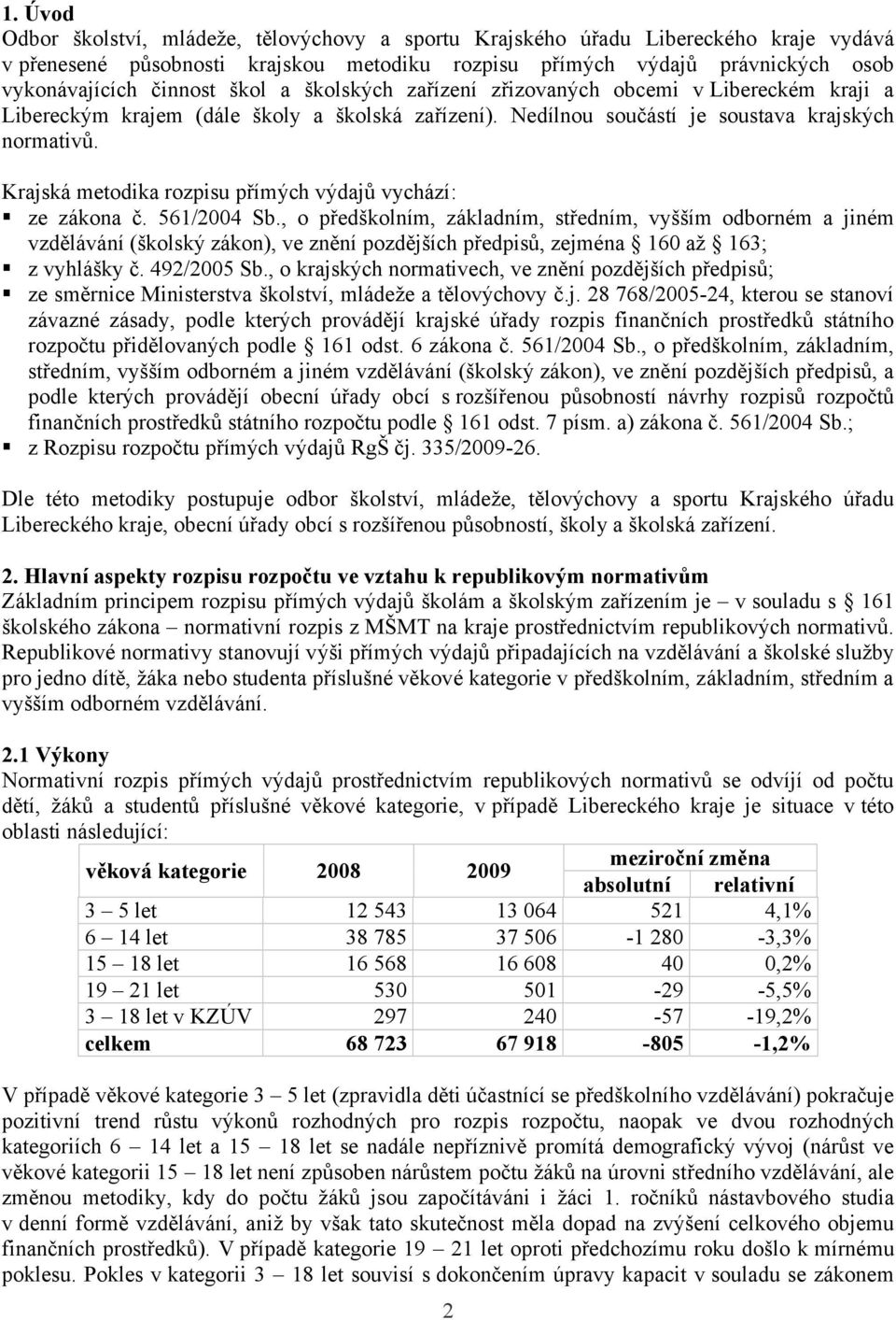 Krajská metodika rozpisu přímých výdajů vychází: ze zákona č. 561/2004 Sb.