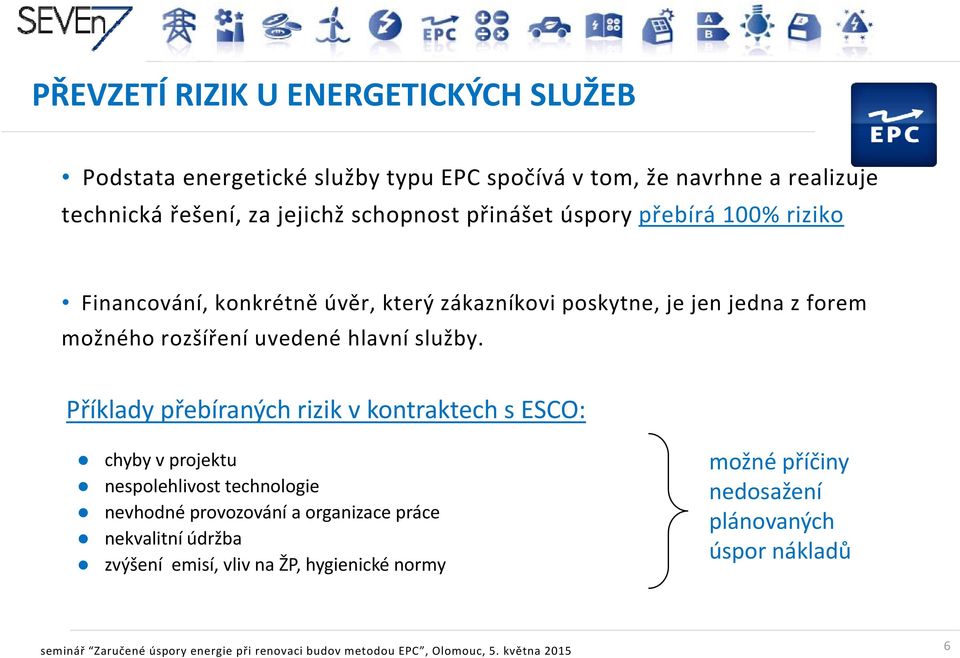 Příklady přebíraných rizik v kontraktech s ESCO: chyby v projektu nespolehlivost technologie nevhodné provozování a organizace práce nekvalitní údržba zvýšení