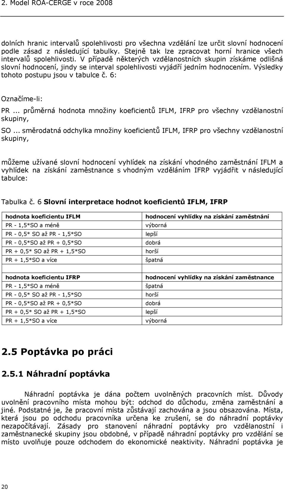 V případě některých vzdělanostních skupin získáme odlišná slovní hodnocení, jindy se interval spolehlivosti vyjádří jedním hodnocením. Výsledky tohoto postupu jsou v tabulce č. 6: Označíme-li: PR.