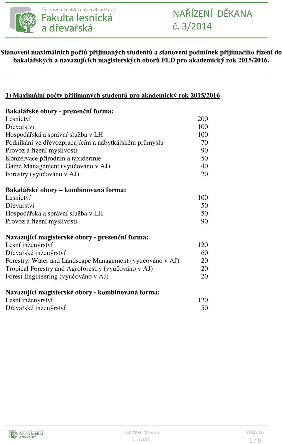 dřevozpracujícím a nábytkářském průmyslu 70 Provoz a řízení myslivosti 90 Konzervace přírodnin a taxidermie 50 Game Management (vyučováno v AJ) 40 Forestry (vyučováno v AJ) 20 Bakalářské obory