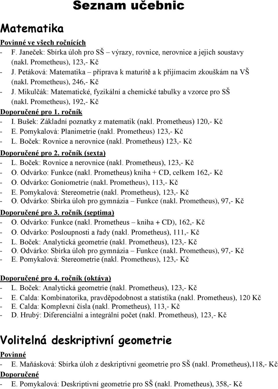 Prometheus), 192,- Kč Doporučené pro 1. ročník - I. Bušek: Základní poznatky z matematik (nakl. Prometheus) 120,- Kč - E. Pomykalová: Planimetrie (nakl. Prometheus) 123,- Kč - L.