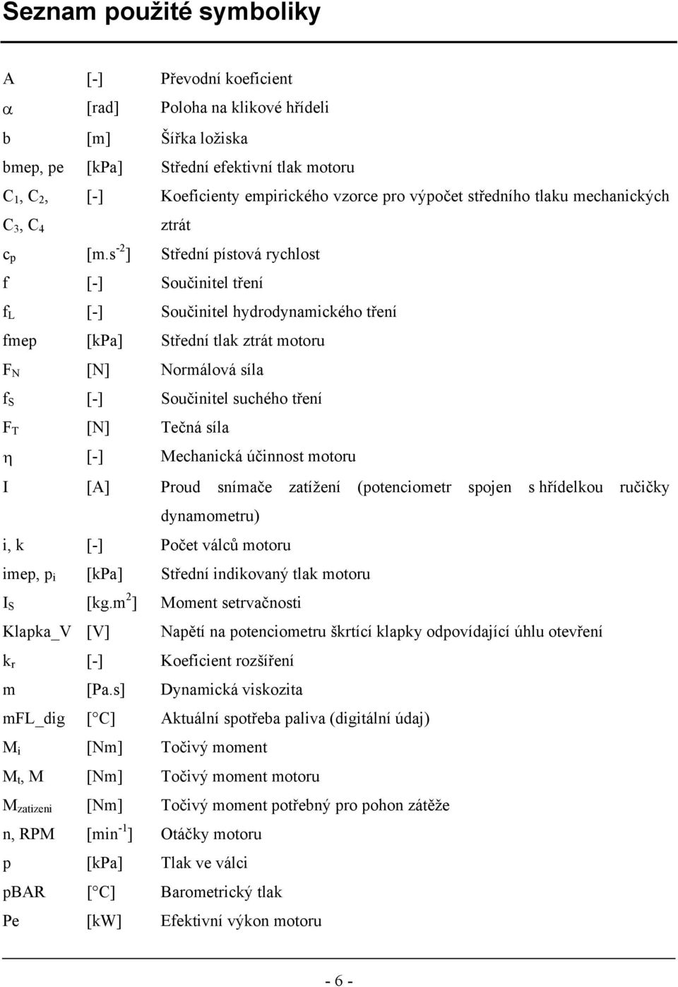 s -2 ] Střední pístová rychlost f [-] Součinitel tření f L [-] Součinitel hydrodynamického tření fmep [kpa] Střední tlak ztrát motoru F N [N] Normálová síla f S [-] Součinitel suchého tření F T [N]