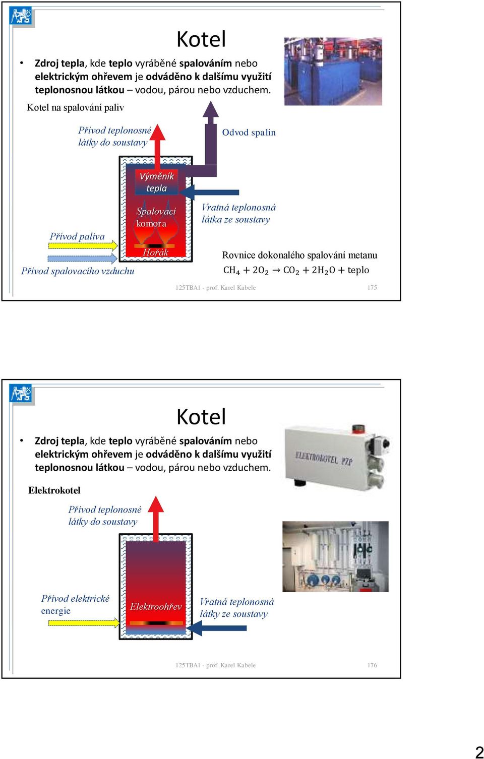 látka ze soustavy Rovnice dokonalého spalování metanu CH 4 + 2O 2 CO 2 + 2H 2 O + teplo 175  Elektrokotel Přívod teplonosné látky do soustavy Přívod elektrické energie