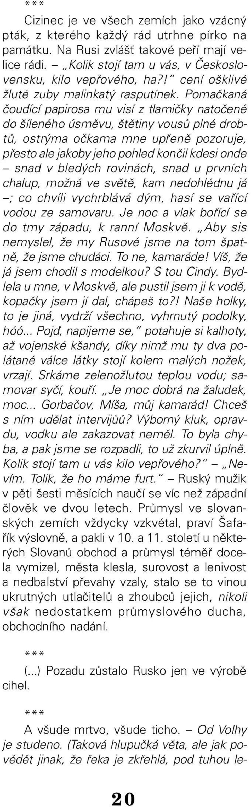 Pomačkaná čoudící papirosa mu visí z tlamičky natočené do šíleného úsměvu, štětiny vousů plné drob tů, ostrýma očkama mne upřeně pozoruje, přesto ale jakoby jeho pohled končil kdesi onde snad v