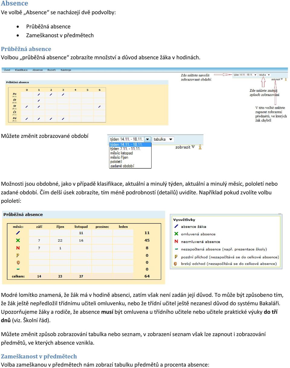 Čím delší úsek zobrazíte, tím méně podrobností (detailů) uvidíte. Například pokud zvolíte volbu pololetí: Modré lomítko znamená, že žák má v hodině absenci, zatím však není zadán její důvod.