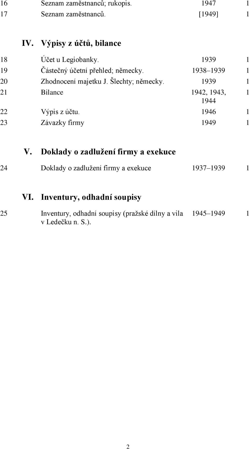 1939 1 21 Bilance 1942, 1943, 1944 22 Výpis z účtu. 1946 1 23 Závazky firmy 1949 1 1 V.