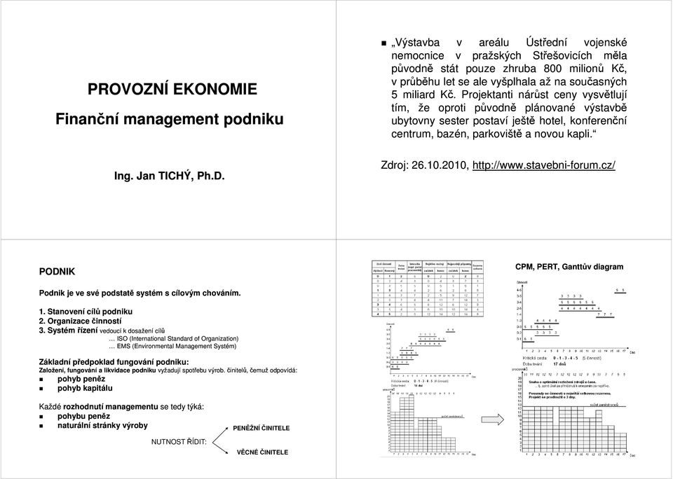 Jan TICHÝ, Ph.D. Zdroj: 26.10.2010, http://www.stavebni-forum.cz/ PODNIK CPM, PERT, Ganttův diagram Podnik je ve své podstatě systém s cílovým chováním. 1. Stanovení cílů podniku 2.