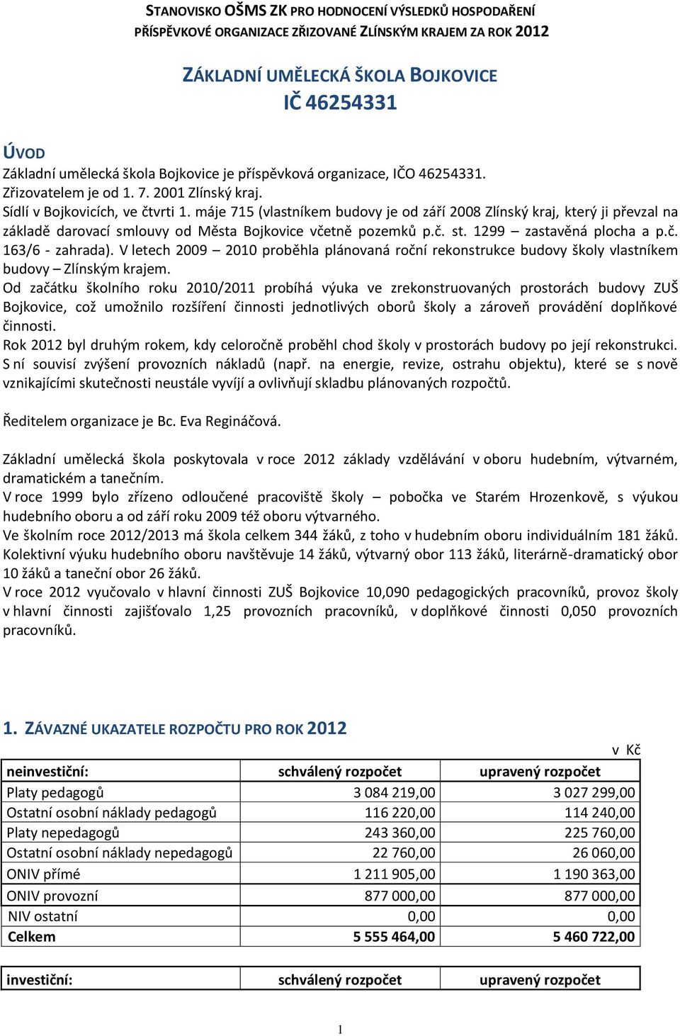 máje 715 (vlastníkem budovy je od září 2008 Zlínský kraj, který ji převzal na základě darovací smlouvy od Města Bojkovice včetně pozemků p.č. st. 1299 zastavěná plocha a p.č. 163/6 - zahrada).