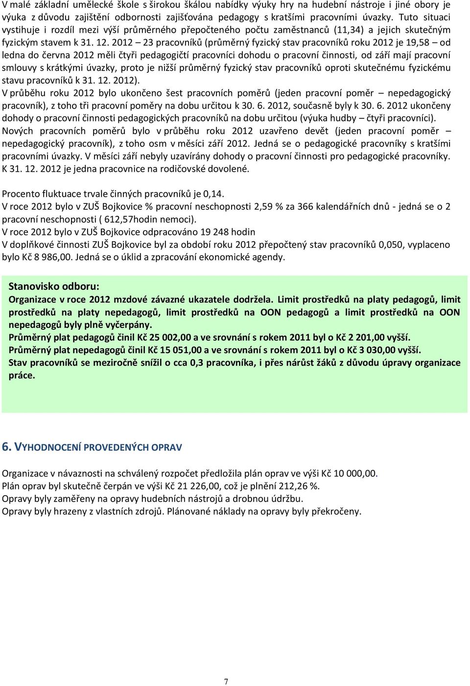 2012 23 pracovníků (průměrný fyzický stav pracovníků roku 2012 je 19,58 od ledna do června 2012 měli čtyři pedagogičtí pracovníci dohodu o pracovní činnosti, od září mají pracovní smlouvy s krátkými