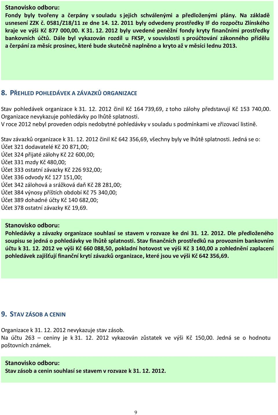 Dále byl vykazován rozdíl u FKSP, v souvislosti s proúčtování zákonného přídělu a čerpání za měsíc prosinec, které bude skutečně naplněno a kryto až v měsíci lednu 2013. 8.