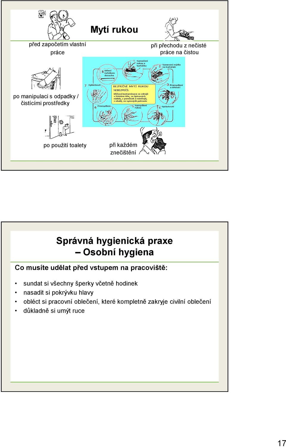 udělat před vstupem na pracoviště: sundat si všechny šperky včetně hodinek nasadit si pokrývku