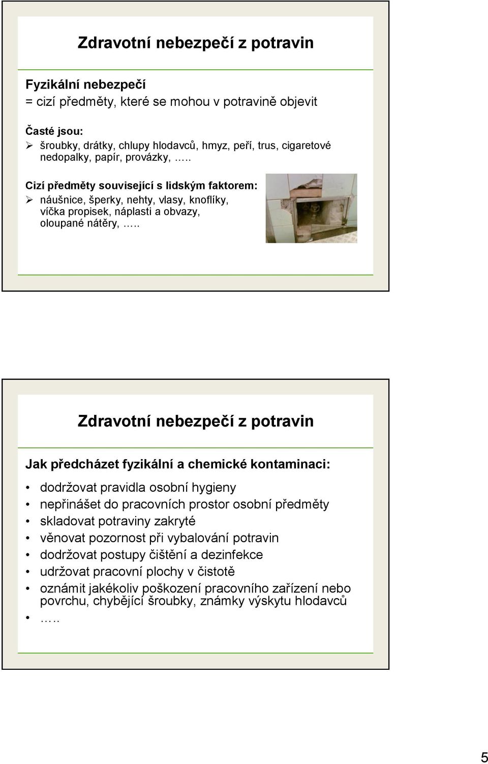 . Zdravotní nebezpečí z potravin Jak předcházet fyzikální a chemické kontaminaci: dodržovat pravidla osobní hygieny nepřinášet do pracovních prostor osobní předměty skladovat potraviny