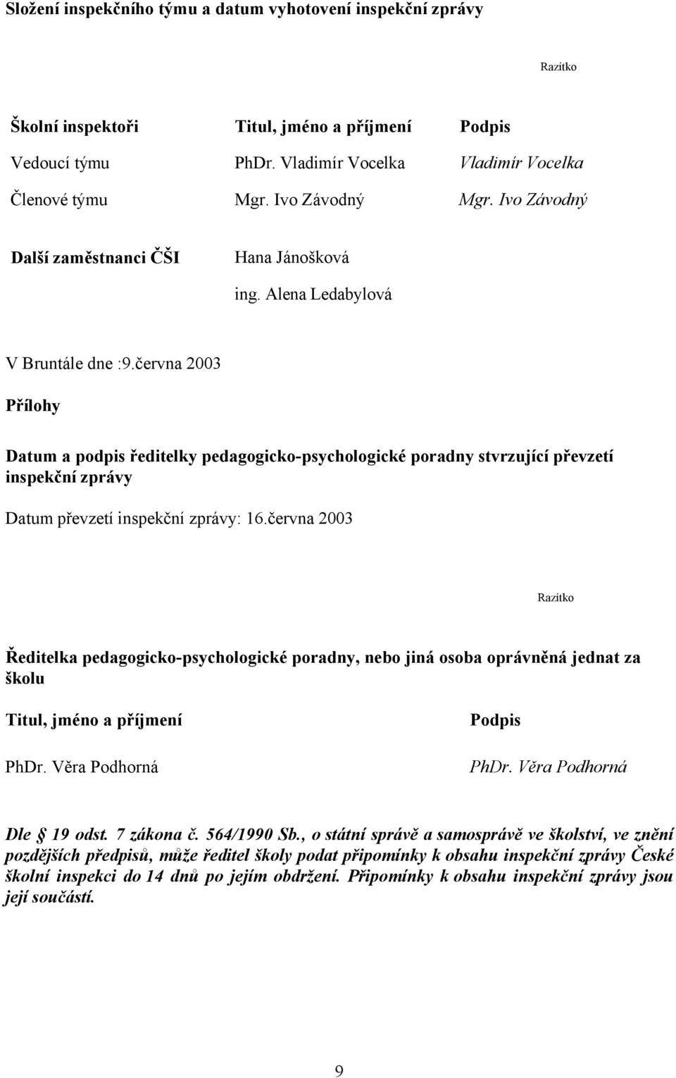 června 2003 Přílohy Datum a podpis ředitelky pedagogicko-psychologické poradny stvrzující převzetí inspekční zprávy Datum převzetí inspekční zprávy: 16.