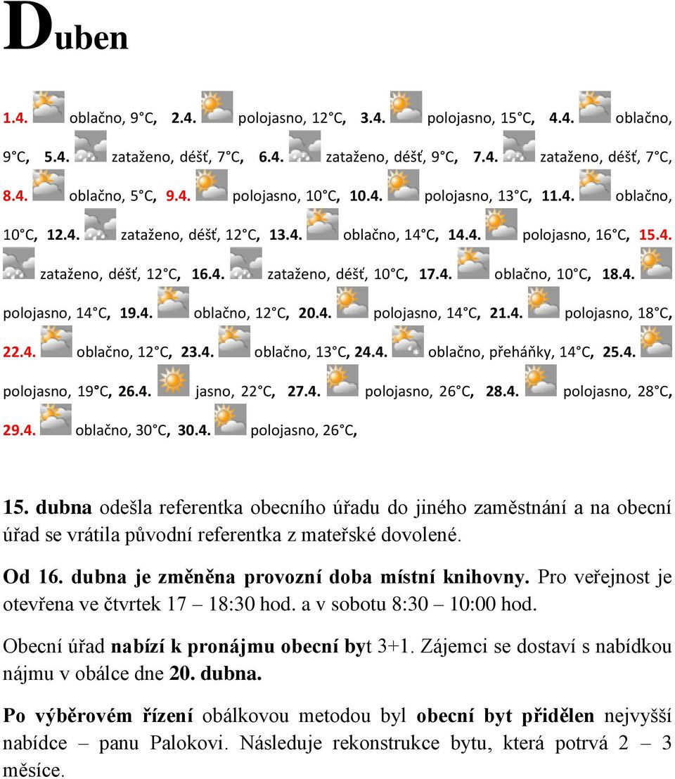 4. oblačno, 12 C, 20.4. polojasno, 14 C, 21.4. polojasno, 18 C, 22.4. oblačno, 12 C, 23.4. oblačno, 13 C, 24.4. oblačno, přeháňky, 14 C, 25.4. polojasno, 19 C, 26.4. jasno, 22 C, 27.4. polojasno, 26 C, 28.