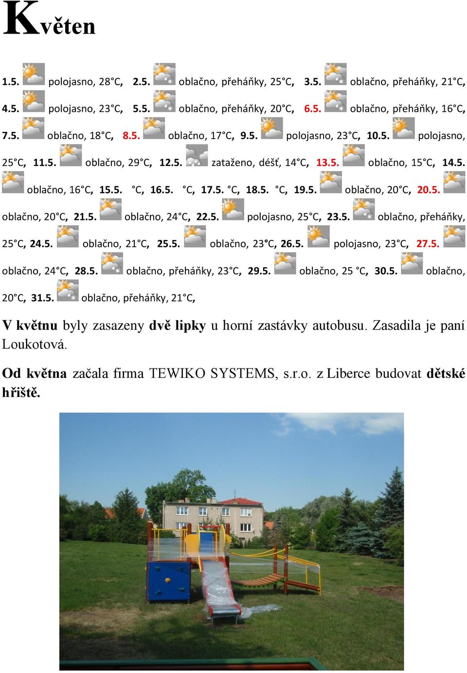 5. oblačno, 24 C, 22.5. polojasno, 25 C, 23.5. oblačno, přeháňky, 25 C, 24.5. oblačno, 21 C, 25.5. oblačno, 23 C, 26.5. polojasno, 23 C, 27.5. oblačno, 24 C, 28.5. oblačno, přeháňky, 23 C, 29.5. oblačno, 25 C, 30.