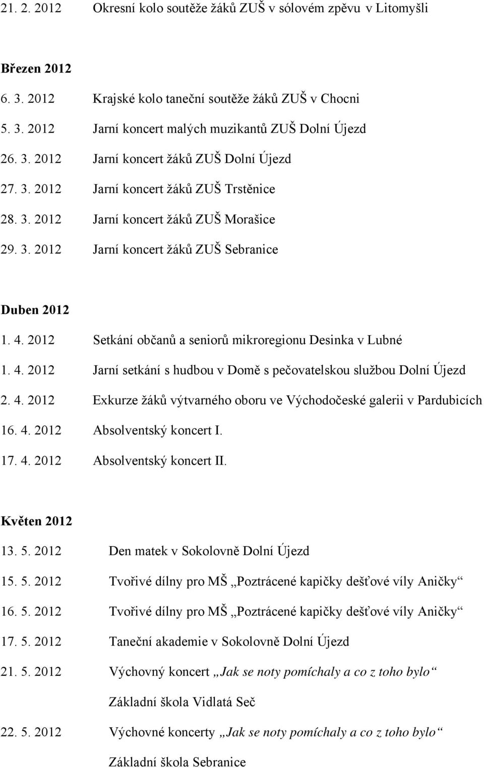 2012 Setkání občanů a seniorů mikroregionu Desinka v Lubné 1. 4. 2012 Jarní setkání s hudbou v Domě s pečovatelskou službou Dolní Újezd 2. 4. 2012 Exkurze žáků výtvarného oboru ve Východočeské galerii v Pardubicích 16.