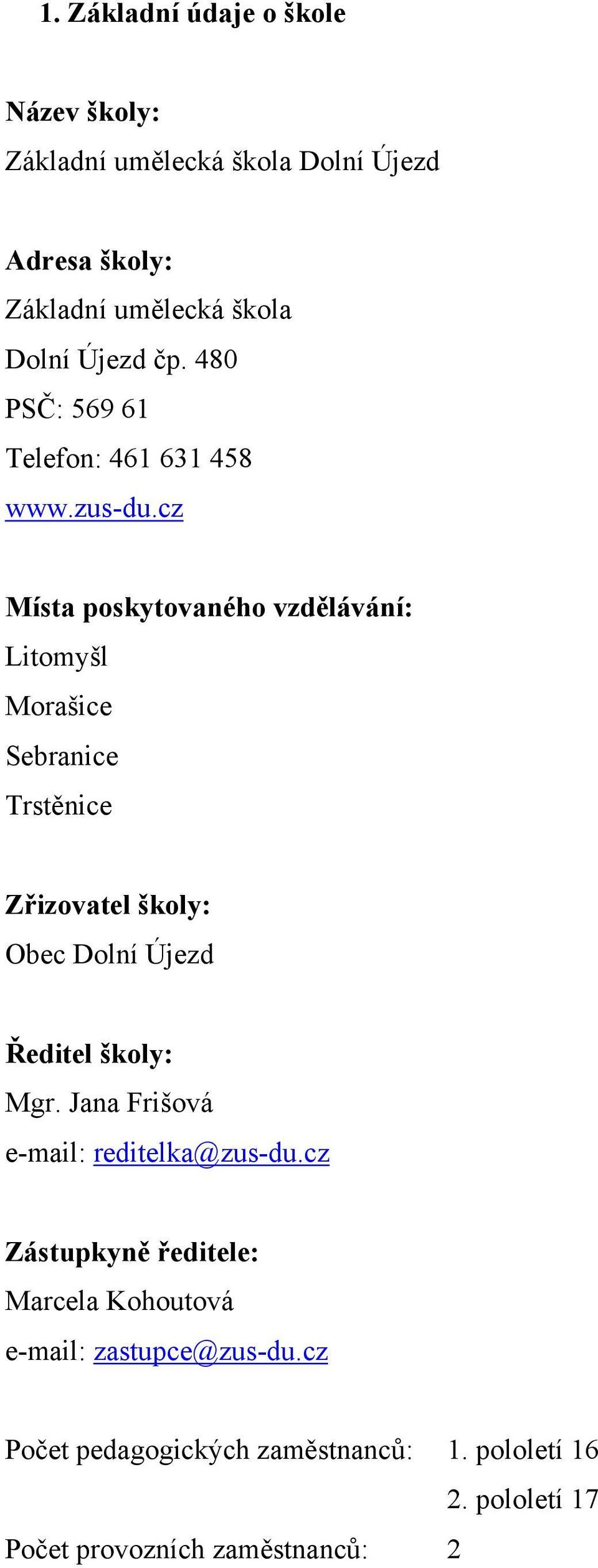 cz Místa poskytovaného vzdělávání: Litomyšl Morašice Sebranice Trstěnice Zřizovatel školy: Obec Dolní Újezd Ředitel