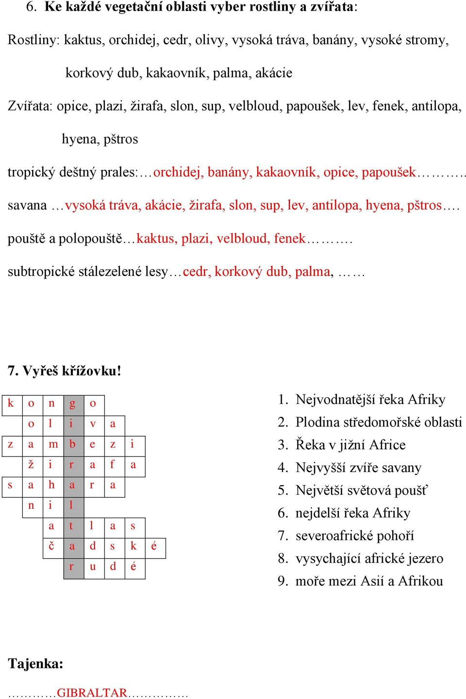 . savana vysoká tráva, akácie, žirafa, slon, sup, lev, antilopa, hyena, pštros. pouště a polopouště kaktus, plazi, velbloud, fenek. subtropické stálezelené lesy cedr, korkový dub, palma, 7.