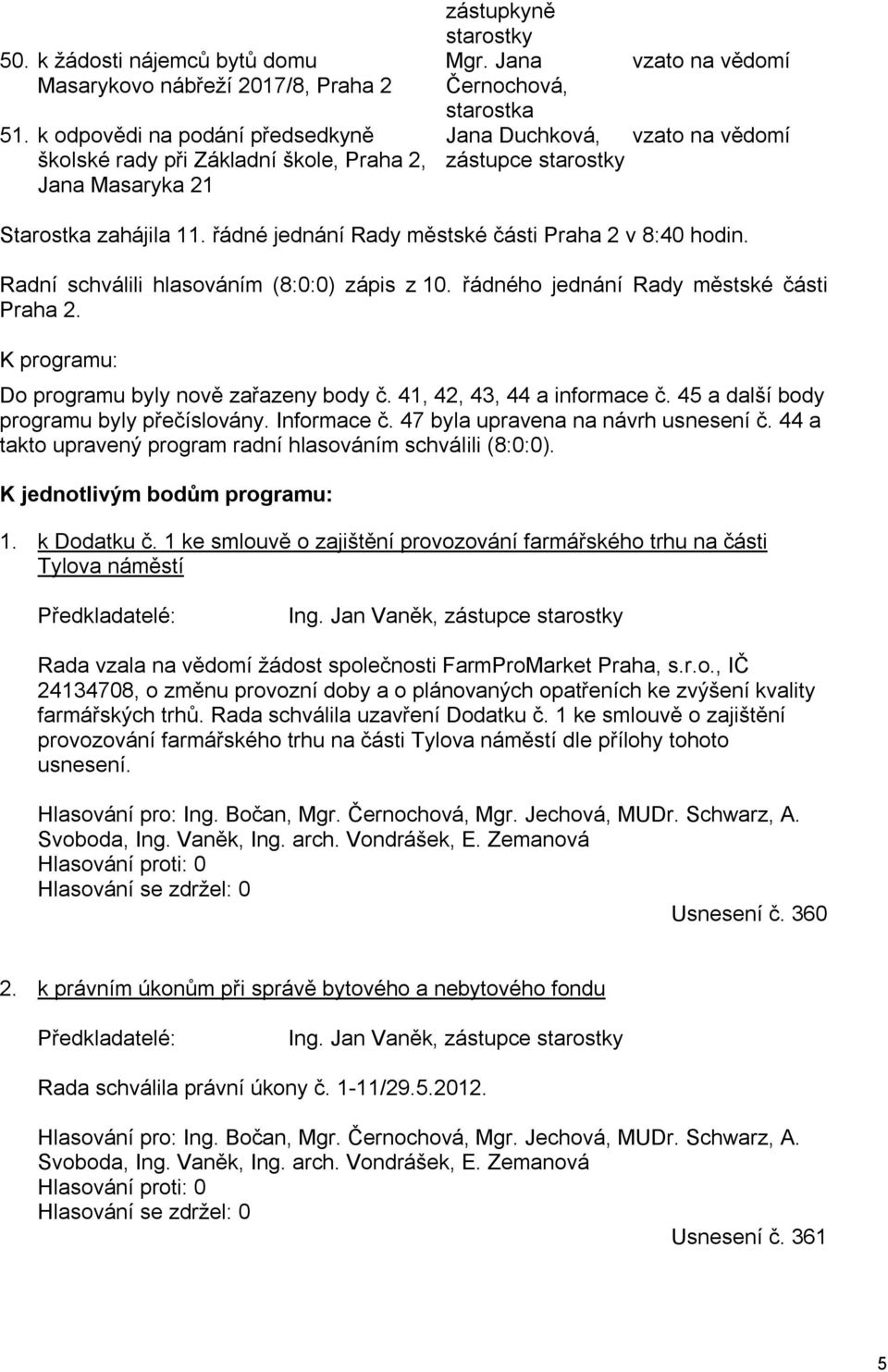 Radní schválili hlasováním (8:0:0) zápis z 10. řádného jednání Rady městské části Praha 2. K programu: Do programu byly nově zařazeny body č. 41, 42, 43, 44 a informace č.